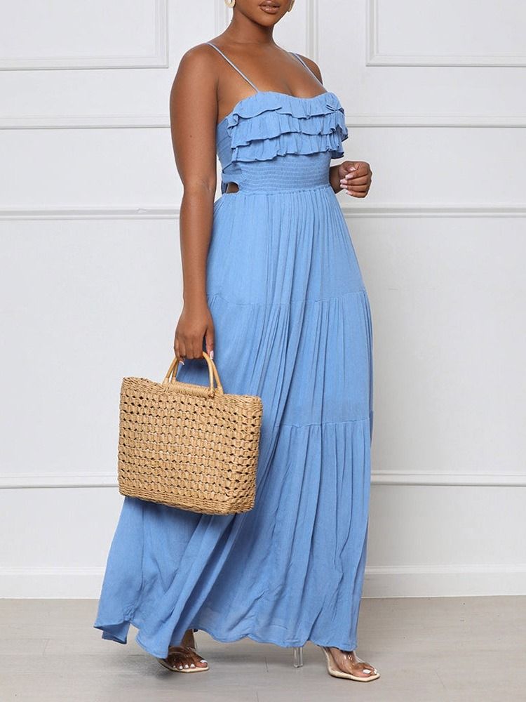 Ankellang Stringy Selvedge Ermeløs Spaghetti Strap Sommer Maxi Dress