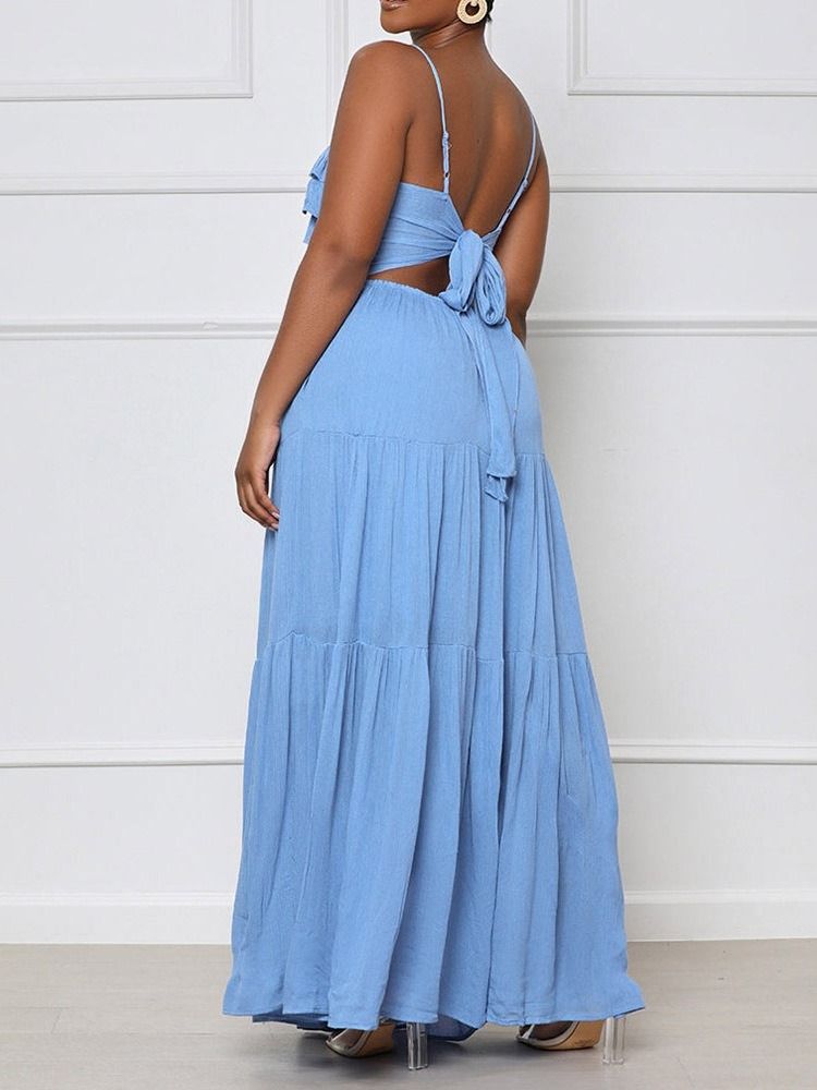 Ankellang Stringy Selvedge Ermeløs Spaghetti Strap Sommer Maxi Dress