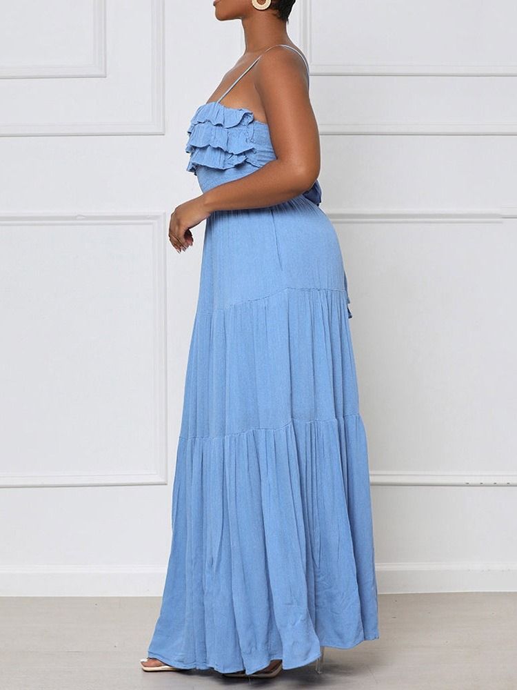 Ankellang Stringy Selvedge Ermeløs Spaghetti Strap Sommer Maxi Dress