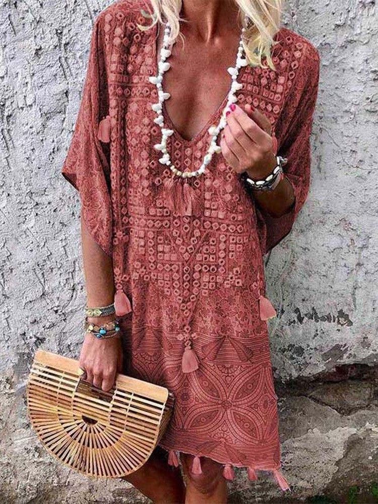 Bohemian V-Hals Half Sleeve Tassel Midi Kjole Strandkjoler For Dame