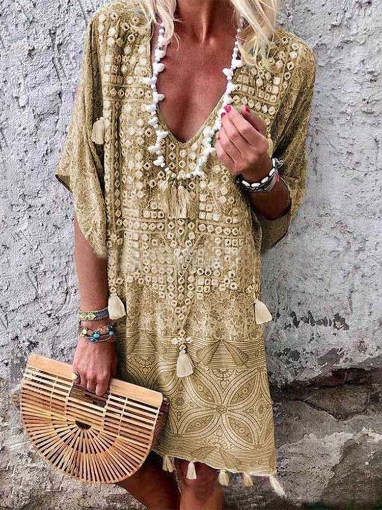 Bohemian V-Hals Half Sleeve Tassel Midi Kjole Strandkjoler For Dame