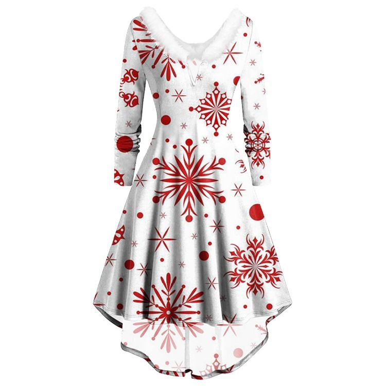 Chrismtas V-Hals Langermet Mid-Calf Floral Winter Casual Dress