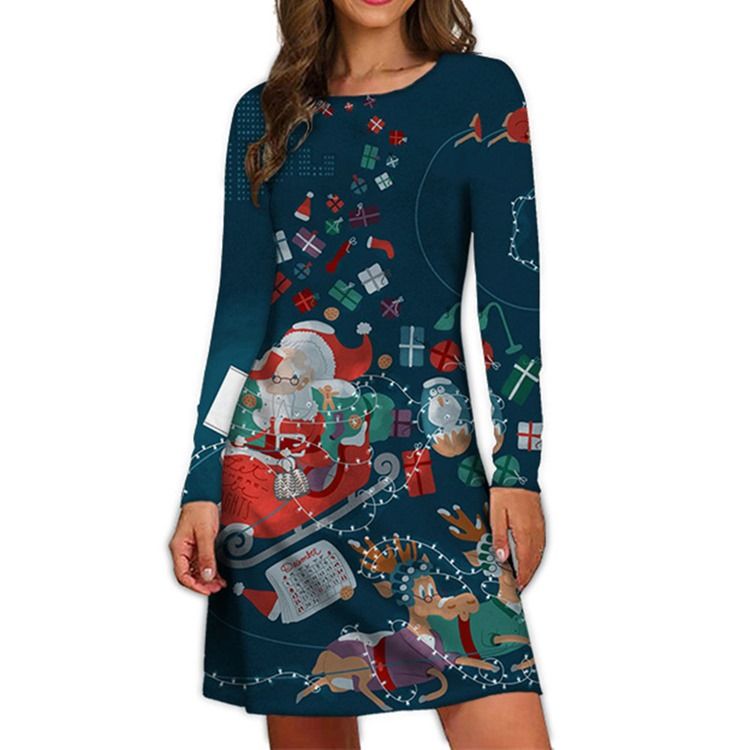 Christmas Above Knee Print Rundhals Vinter Cartoon Casual Dress