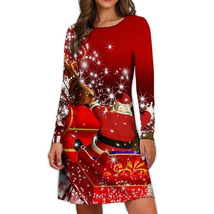 Christmas Above Knee Print Rundhals Vinter Cartoon Casual Dress