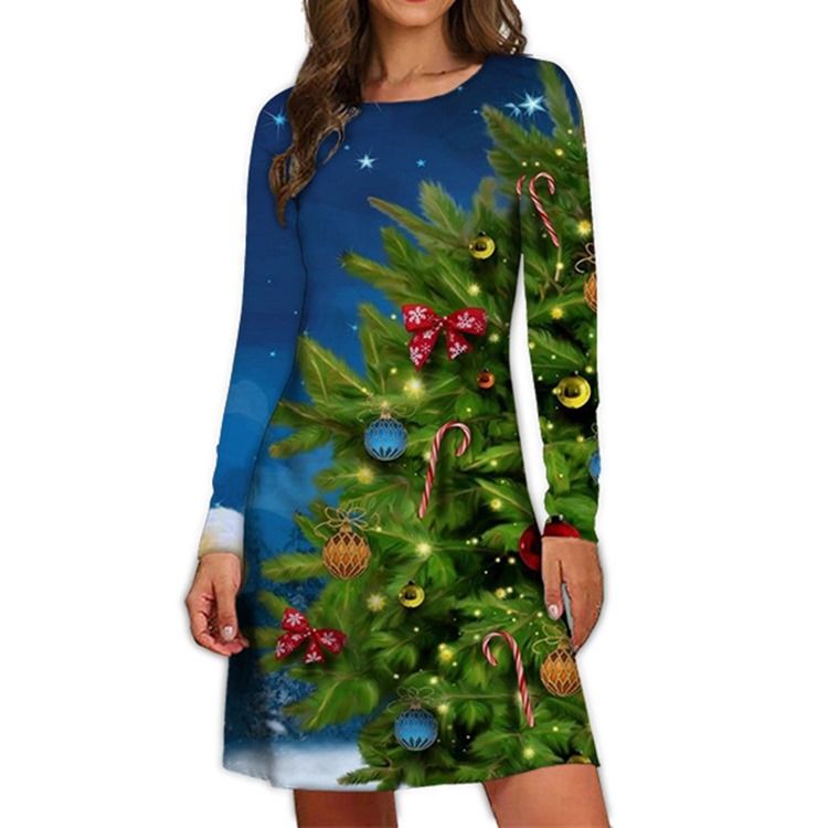 Christmas Above Knee Print Rundhals Vinter Cartoon Casual Dress