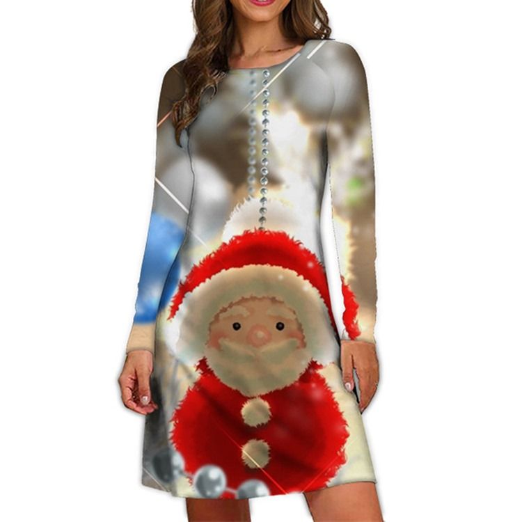 Christmas Above Knee Print Rundhals Vinter Cartoon Casual Dress