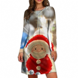 Christmas Above Knee Print Rundhals Vinter Cartoon Casual Dress