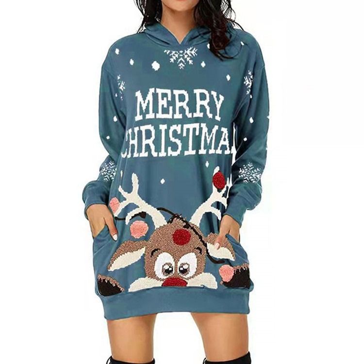 Christmas Hette Langermet Above Knee Western Pullover Dress