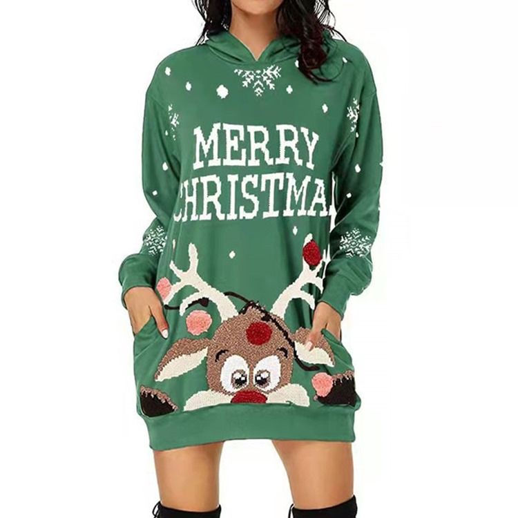 Christmas Hette Langermet Above Knee Western Pullover Dress