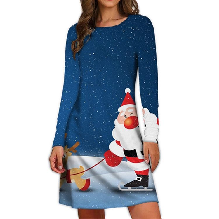 Christmas Long Sleeve Above Knee Print Cartoon A-Line Dress