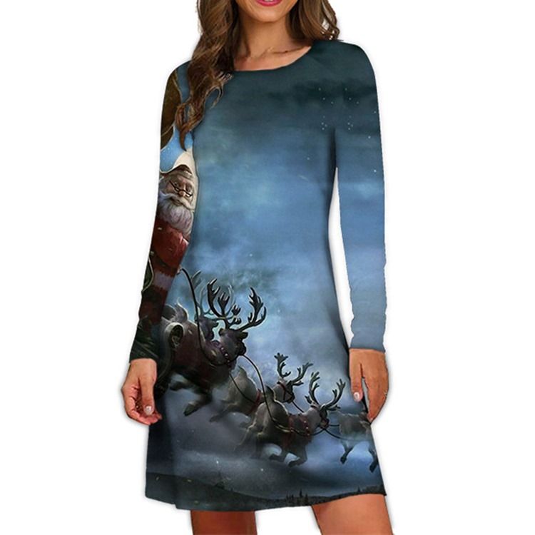 Christmas Long Sleeve Above Knee Print Cartoon A-Line Dress