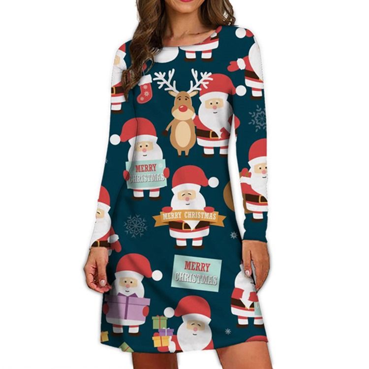 Christmas Print Langermet Rundhals Pullover A-Line Kjole