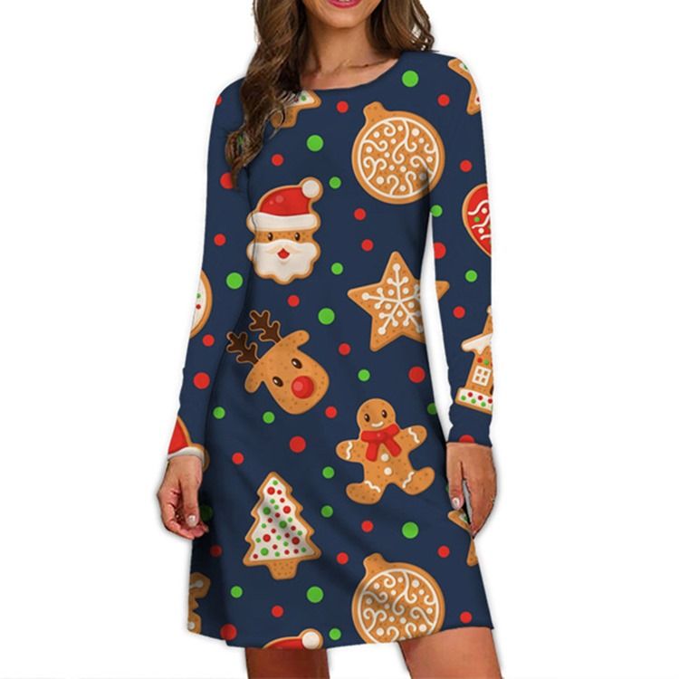 Christmas Print Langermet Rundhals Pullover A-Line Kjole