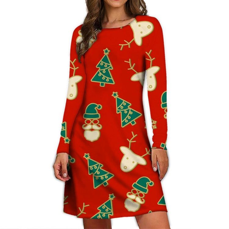 Christmas Print Langermet Rundhals Pullover A-Line Kjole