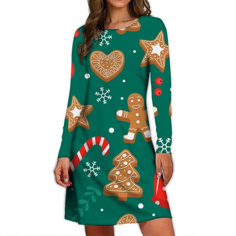 Christmas Print Langermet Rundhals Pullover A-Line Kjole