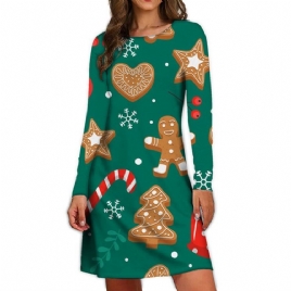 Christmas Print Langermet Rundhals Pullover A-Line Kjole