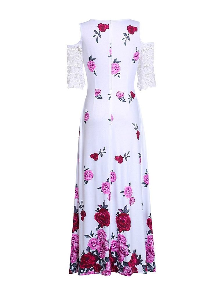 Cold Shoulder Ankel-Lang Half Sleeve Patchwork Floral Expansion Dress