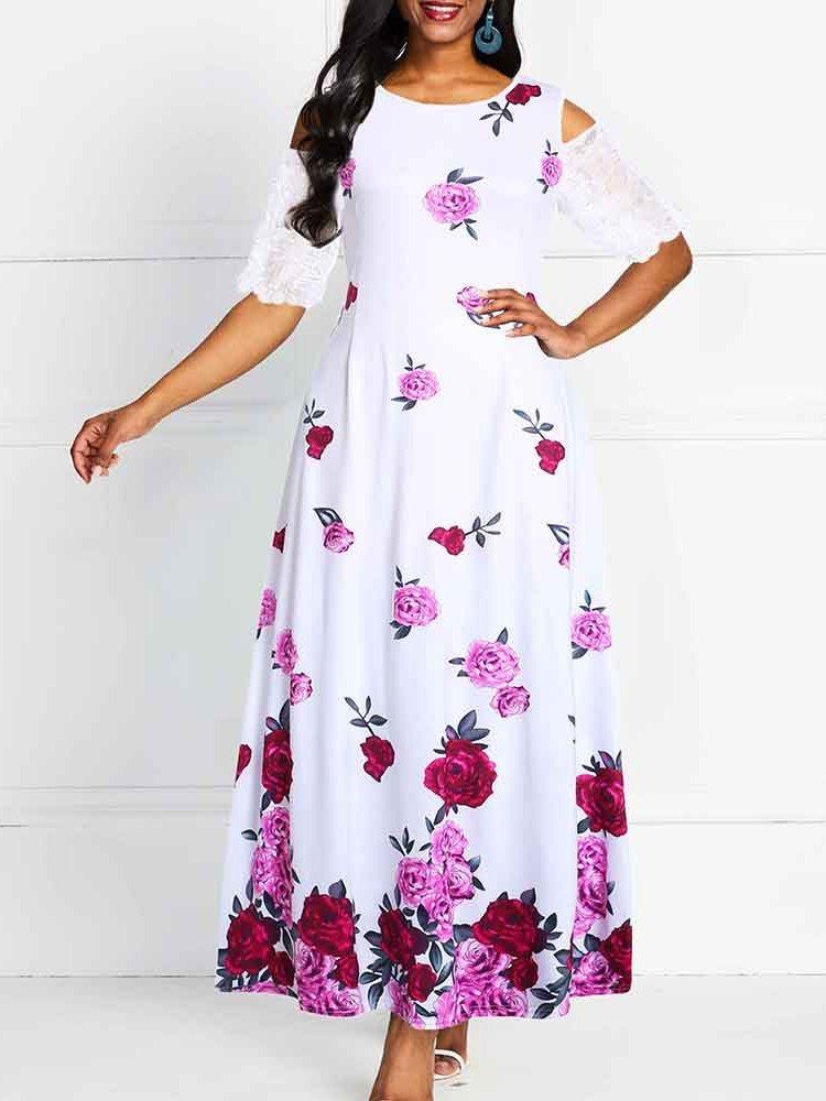 Cold Shoulder Ankel-Lang Half Sleeve Patchwork Floral Expansion Dress