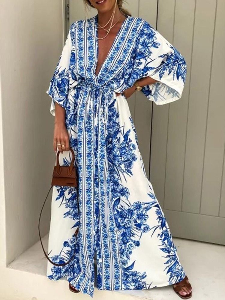 Gulvlengde V-Hals Sommer Mid Waist Maxi Dress