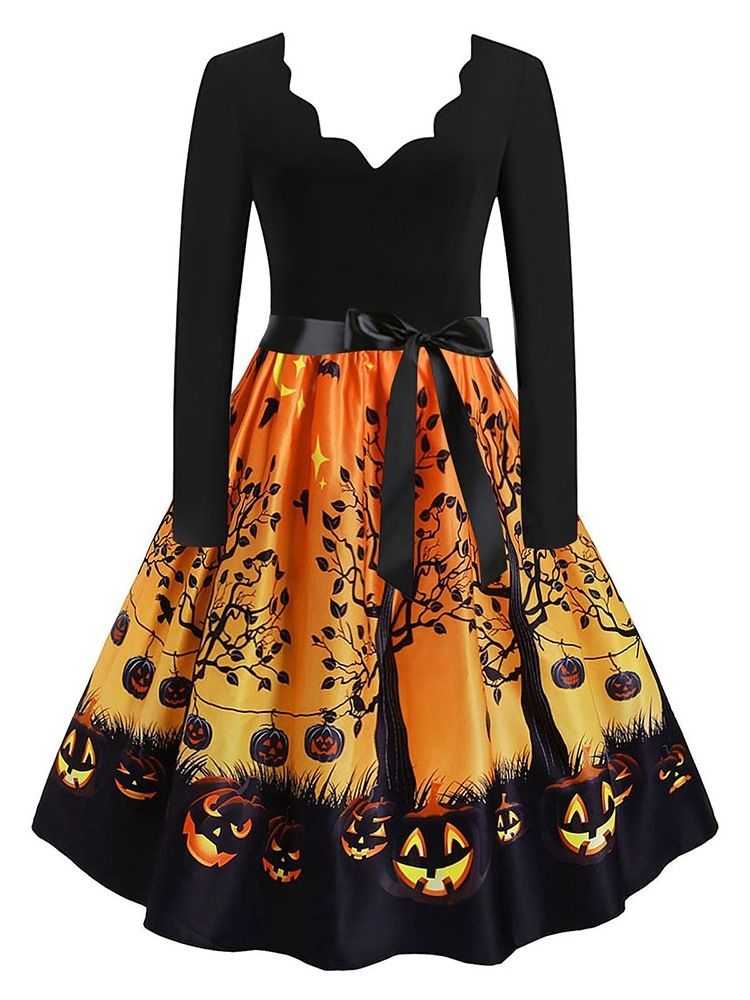 Halloween Over Kneet V-Hals Blonder Genser Geometrisk Kjole