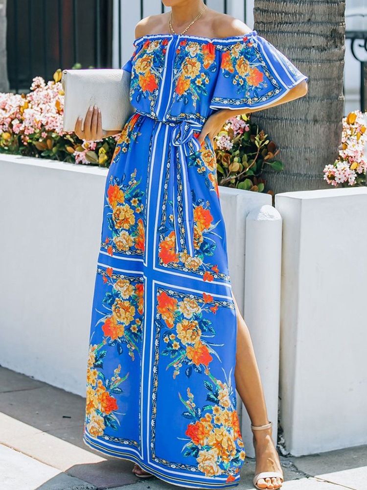 Halv Ermet Gulvlengde Off Shoulder Floral Pullover Maxi Dress