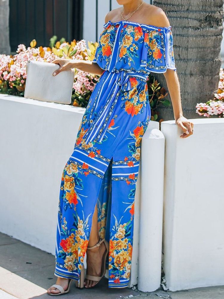 Halv Ermet Gulvlengde Off Shoulder Floral Pullover Maxi Dress