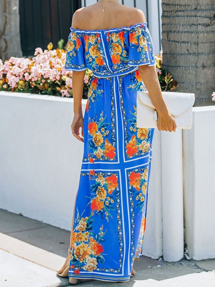 Halv Ermet Gulvlengde Off Shoulder Floral Pullover Maxi Dress