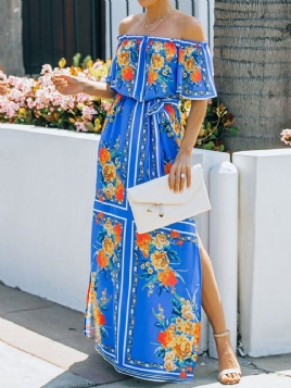 Halv Ermet Gulvlengde Off Shoulder Floral Pullover Maxi Dress