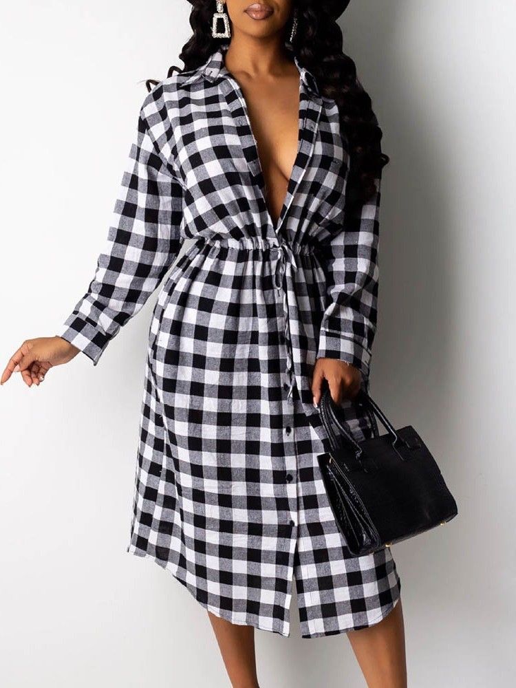 Langermet Jakkeslag Mid-Calf Plaid Date Night Going Out-Kjole