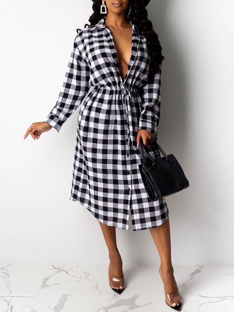 Langermet Jakkeslag Mid-Calf Plaid Date Night Going Out-Kjole