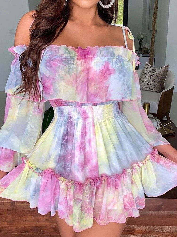 Langermet Print Above Knee Summer Cold Shoulder Dress