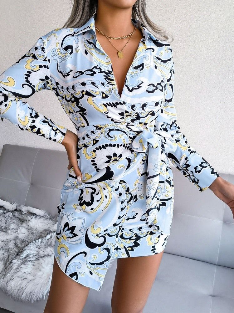 Lapel Above Knee Print Pullover A-Line Casual Dress