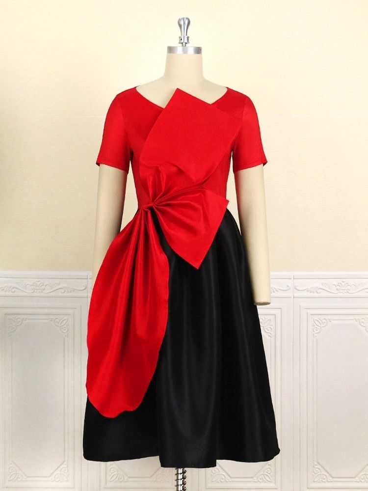 Mid-Calf Kortermet Bowknot Fashion Color Block Dress