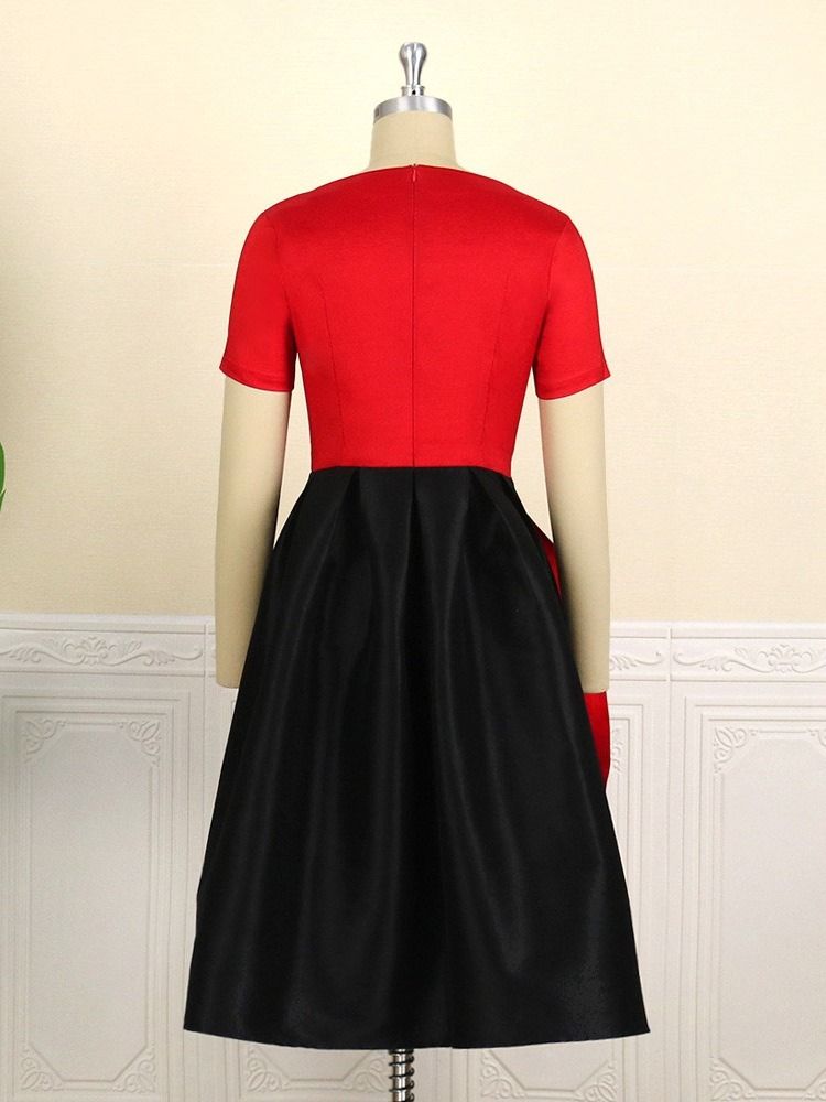 Mid-Calf Kortermet Bowknot Fashion Color Block Dress