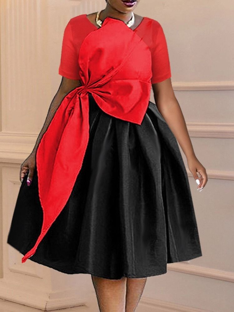 Mid-Calf Kortermet Bowknot Fashion Color Block Dress