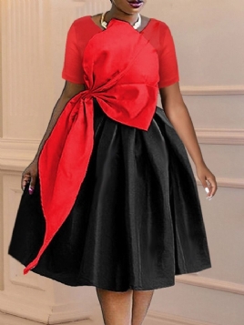 Mid-Calf Kortermet Bowknot Fashion Color Block Dress