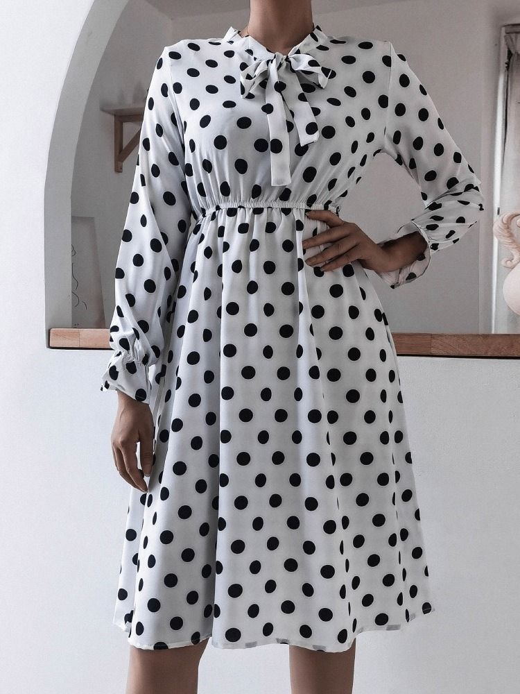 Mid-Calf Patchwork Sløyfe Krage A-Linje Polka Dots Damekjole