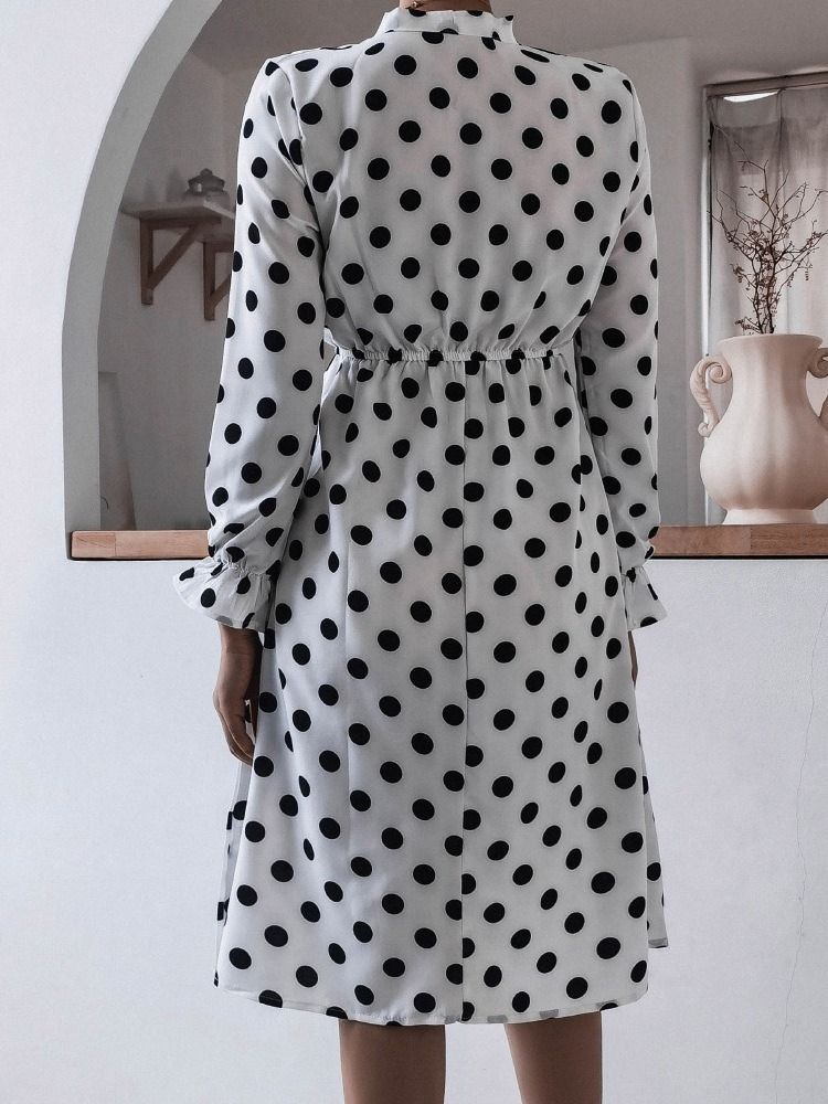 Mid-Calf Patchwork Sløyfe Krage A-Linje Polka Dots Damekjole