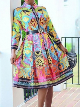 Nine Points Sleeve Patchwork Kne-Lang Western Pullover Dress