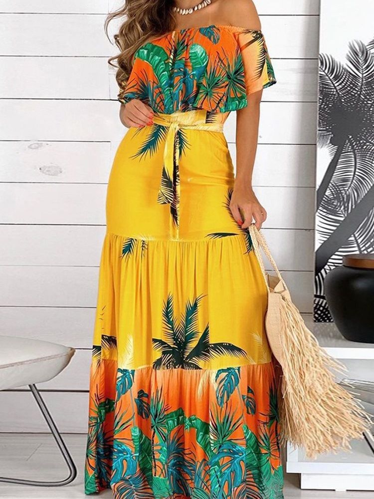 Off Shoulder Kortermet Gulv-Lengde Plant A-Line Maxi Dress