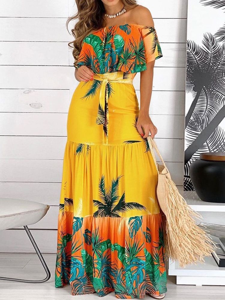 Off Shoulder Kortermet Gulv-Lengde Plant A-Line Maxi Dress