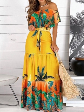 Off Shoulder Kortermet Gulv-Lengde Plant A-Line Maxi Dress