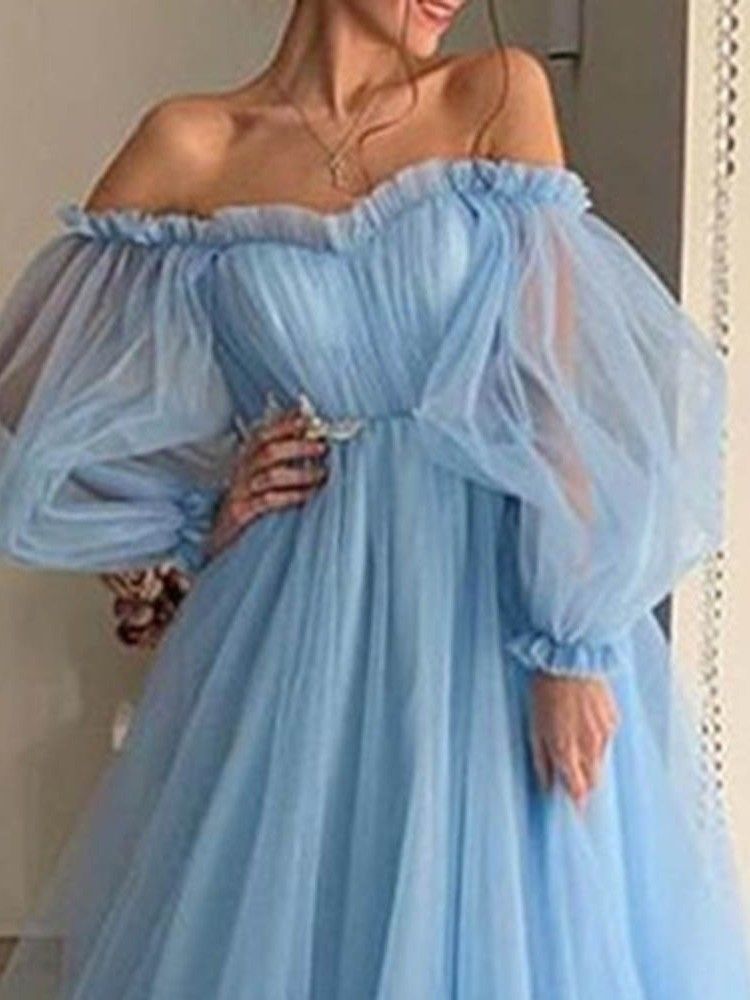 Off Shoulder Langermet Gulv-Lengde Ensfarget Lanterne Ermet Kjole