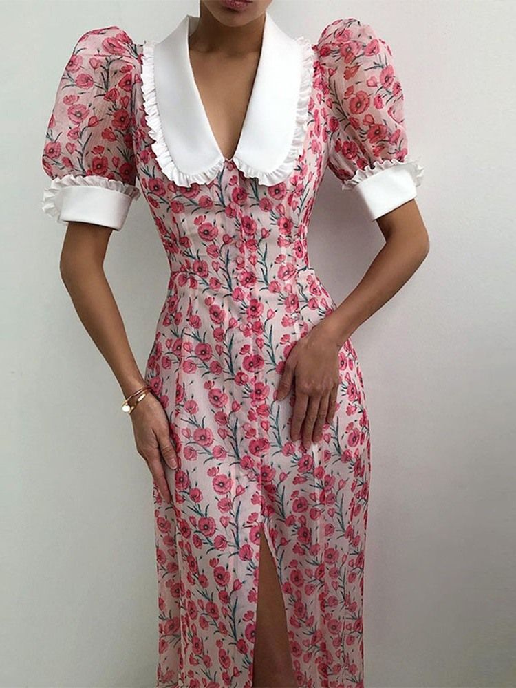 Peter Pan Collar Mid-Calf Kortermet Koreansk Single-Breasted Floral Maxi Dress