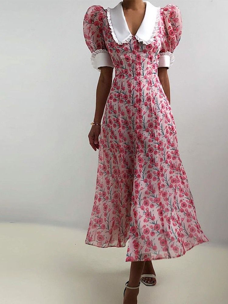 Peter Pan Collar Mid-Calf Kortermet Koreansk Single-Breasted Floral Maxi Dress