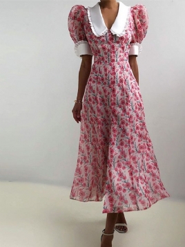 Peter Pan Collar Mid-Calf Kortermet Koreansk Single-Breasted Floral Maxi Dress