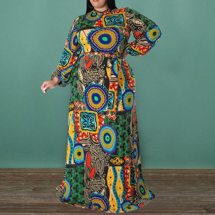 Plus Size Print Rundhals Langermet Floral Fall Maxi Dress