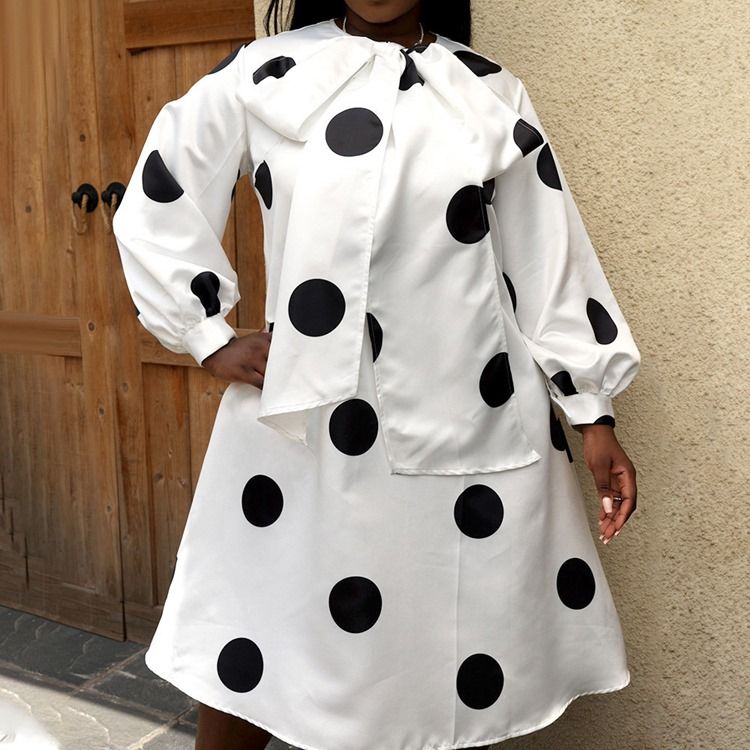 Plus Size Sløyfe Krage Langermet Mid-Calf Polka Dots Fall Casual Dress