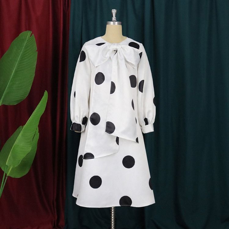 Plus Size Sløyfe Krage Langermet Mid-Calf Polka Dots Fall Casual Dress