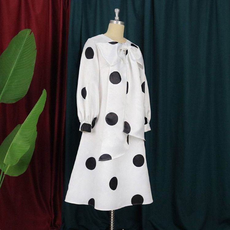 Plus Size Sløyfe Krage Langermet Mid-Calf Polka Dots Fall Casual Dress